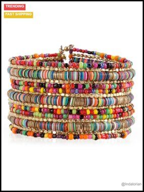 Boho Memory Wire Cuff Bracelet Stackable Beaded Wide 1.5 Inch